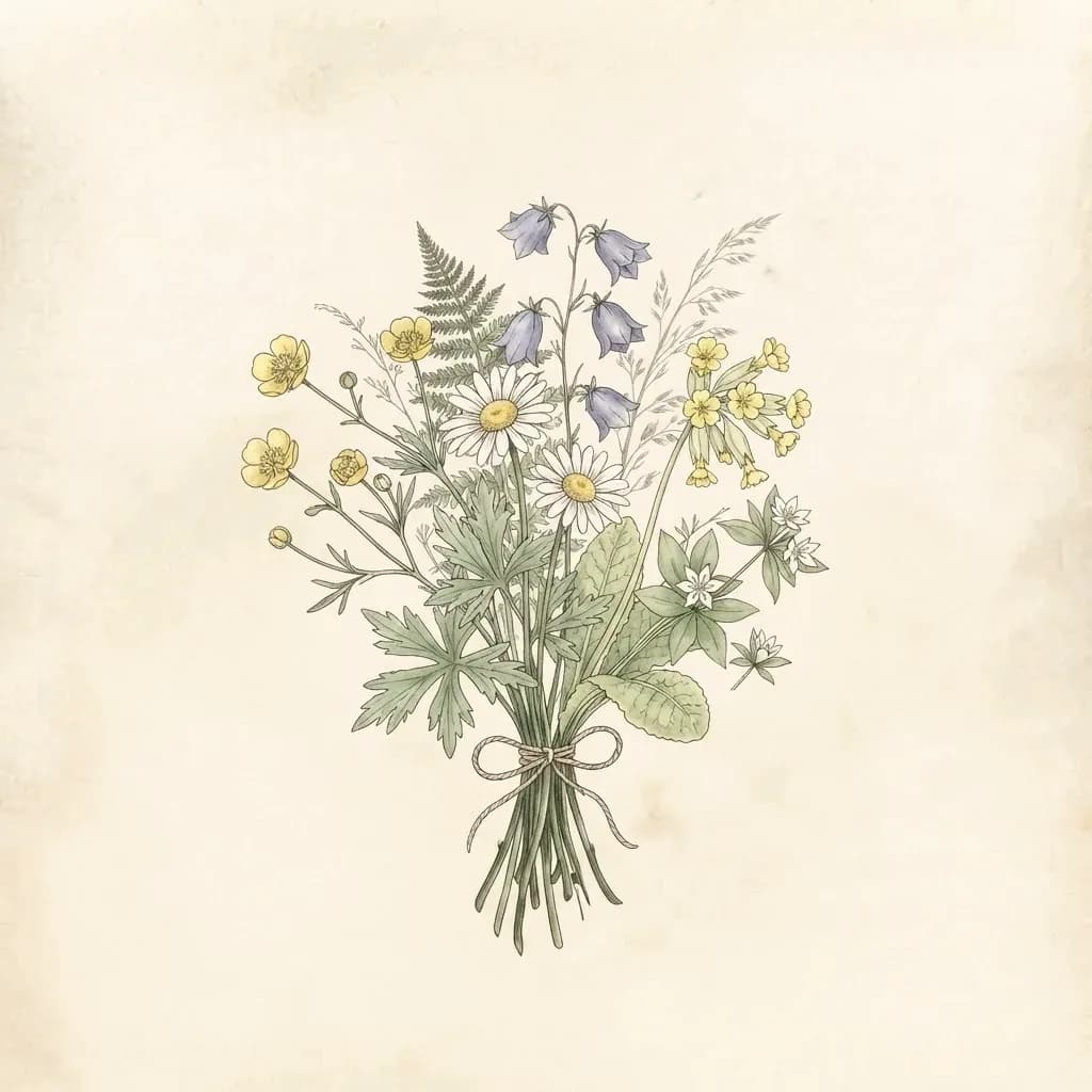 Botanisk illustration av en bukett nordiska ängsblommor